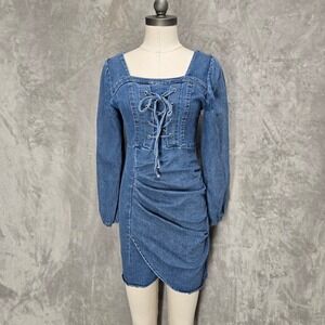 It's‎ Me Denim Mini Dress Womens S Blue Lace Up Ruched Long Sleeve Square Neck